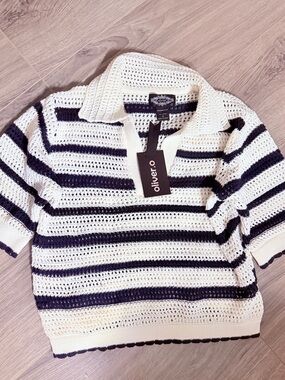 Cream and Black Striped Open-Knit V-Neck Sweater